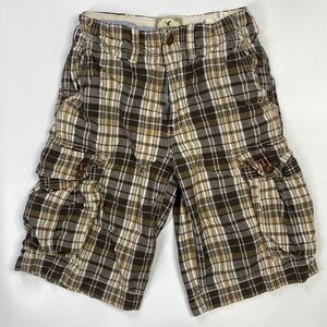 American Eagle Brown White Plaid Longer Length Cargo Shorts Size 26